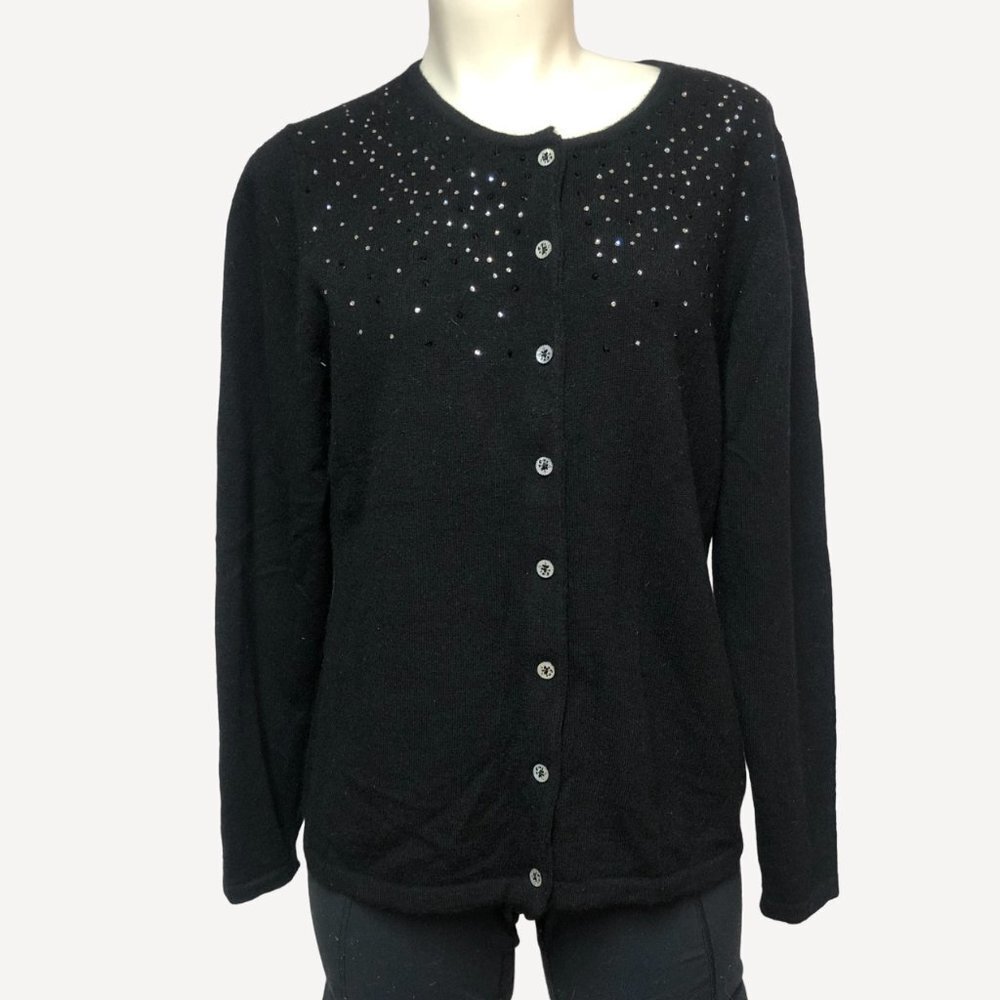 LG Cashmere Black Cardigan With Black & Silver Rhinestones Size M/L
